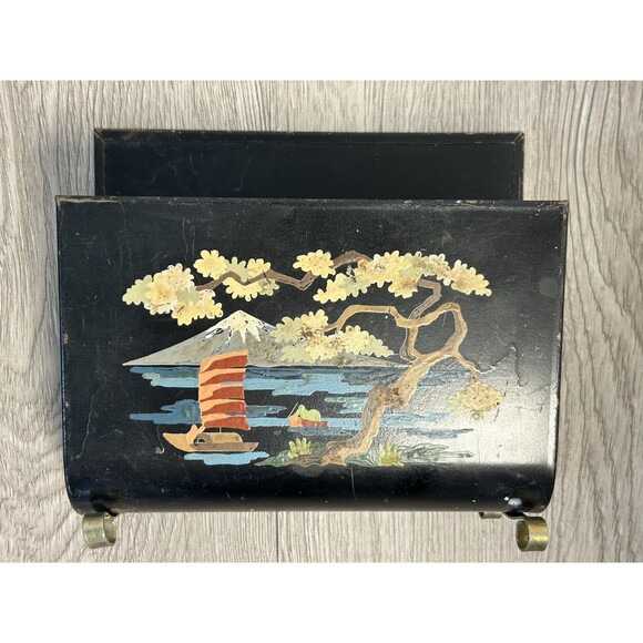 Vintage Black Metal Tole Ware Snack Bridge Trays With Matching Holder Caddy READ - Picture 6 of 8